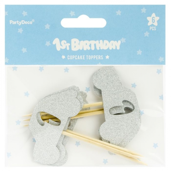 Cupcake Topper - 1st Birthday - Silver Cars